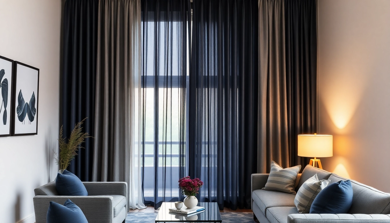 Verduisterende gordijnen in een moderne woonkamer met elegante inrichting.