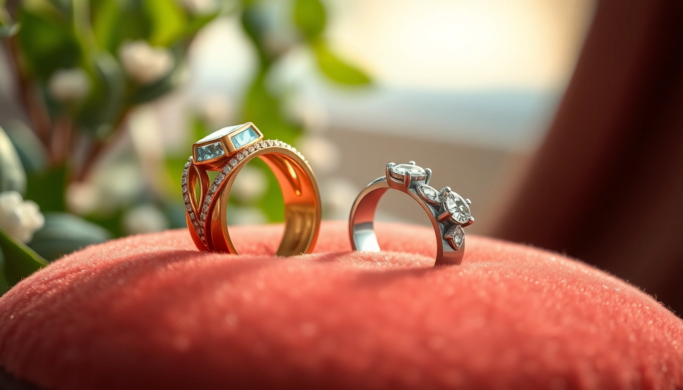 Beautiful couple rings highlighted on plush velvet, showcasing their elegance and design.