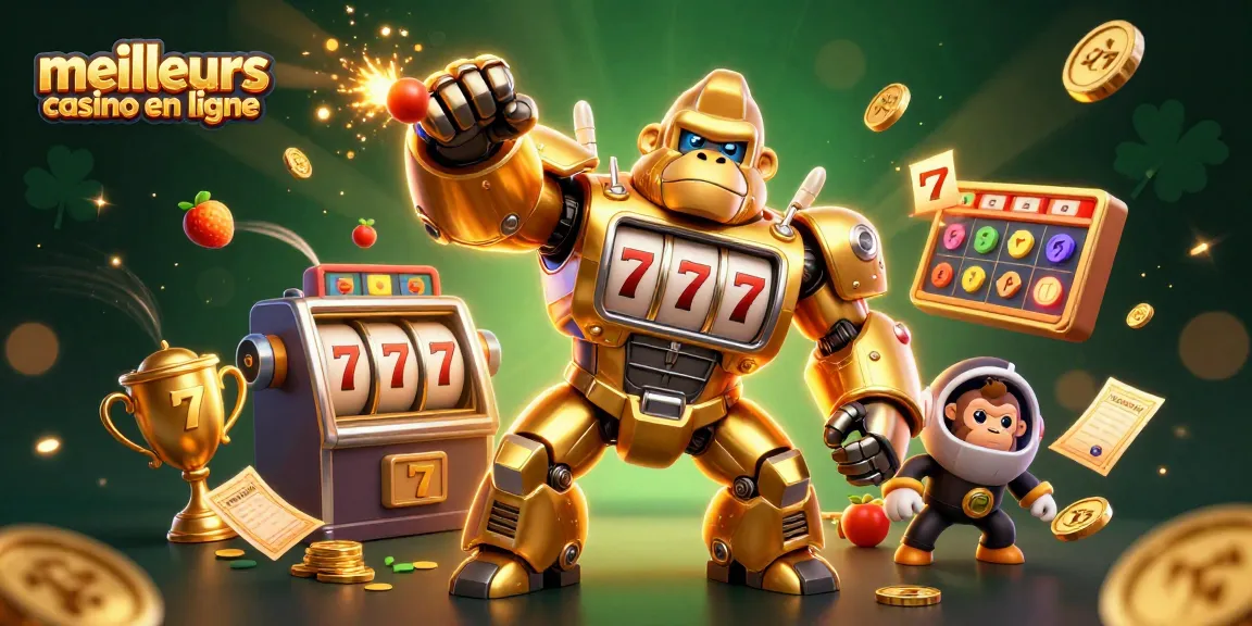 Découvrez les meilleurs casinos en ligne avec un gorille en mécha sur fond de machines à sous.