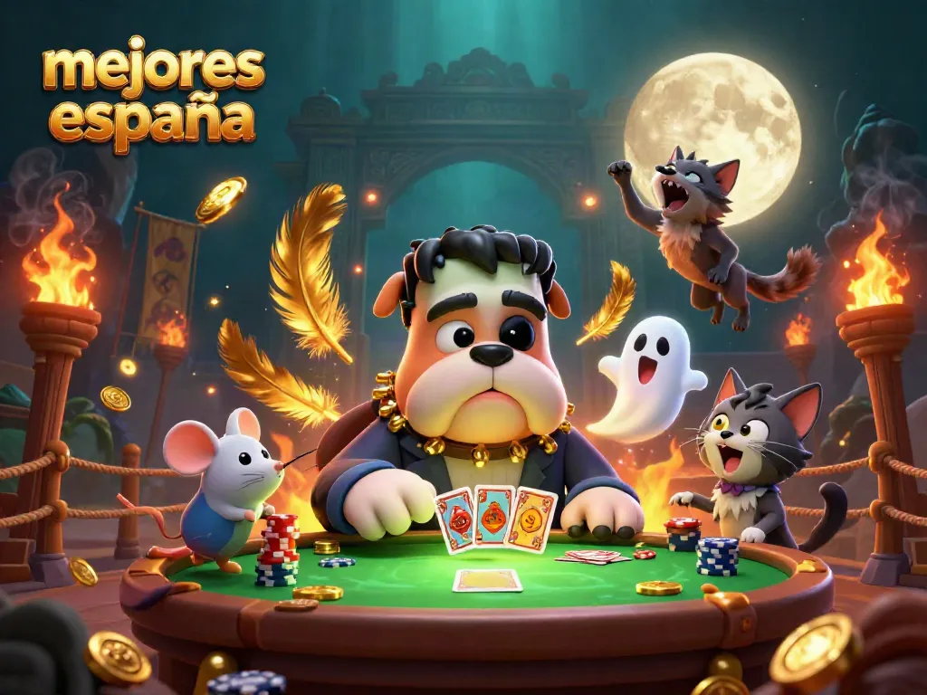 Juega en los mejores casinos de España con un bulldog monstruoso y un gato lobo en una escena animada.