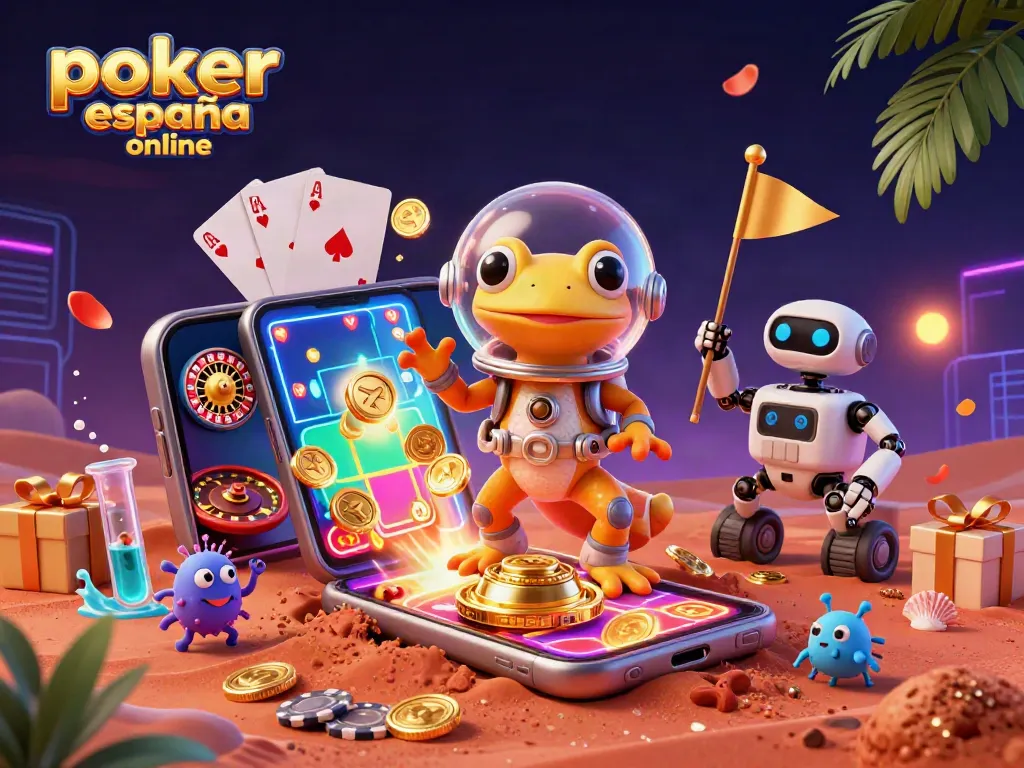 Juega al póker España online en una ilustración vibrante con gecko, robot y elementos de casino.