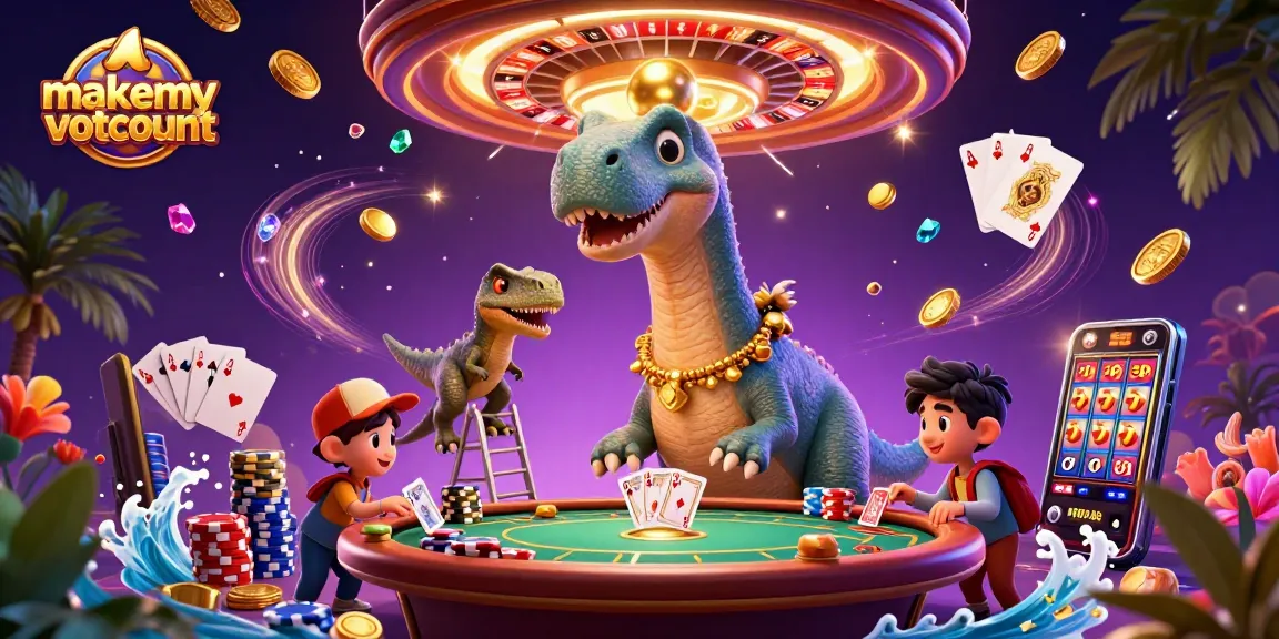 Engage with makemyvotecount in a vibrant 3D casino scene featuring playful dinosaurs and stunning gaming elements.