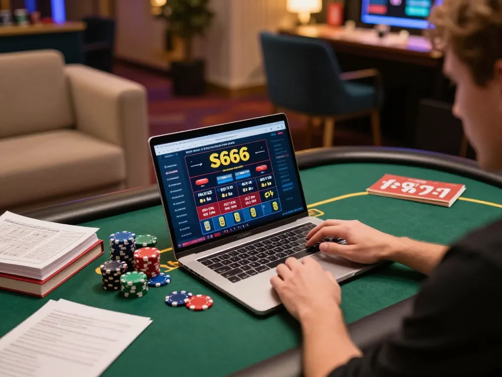 S666 player enjoying an online gaming session on their laptop with chips and strategy notes.