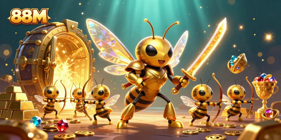 Experience thrilling jackpots at 88M with a golden hornet in a rich casino scene filled with treasures.