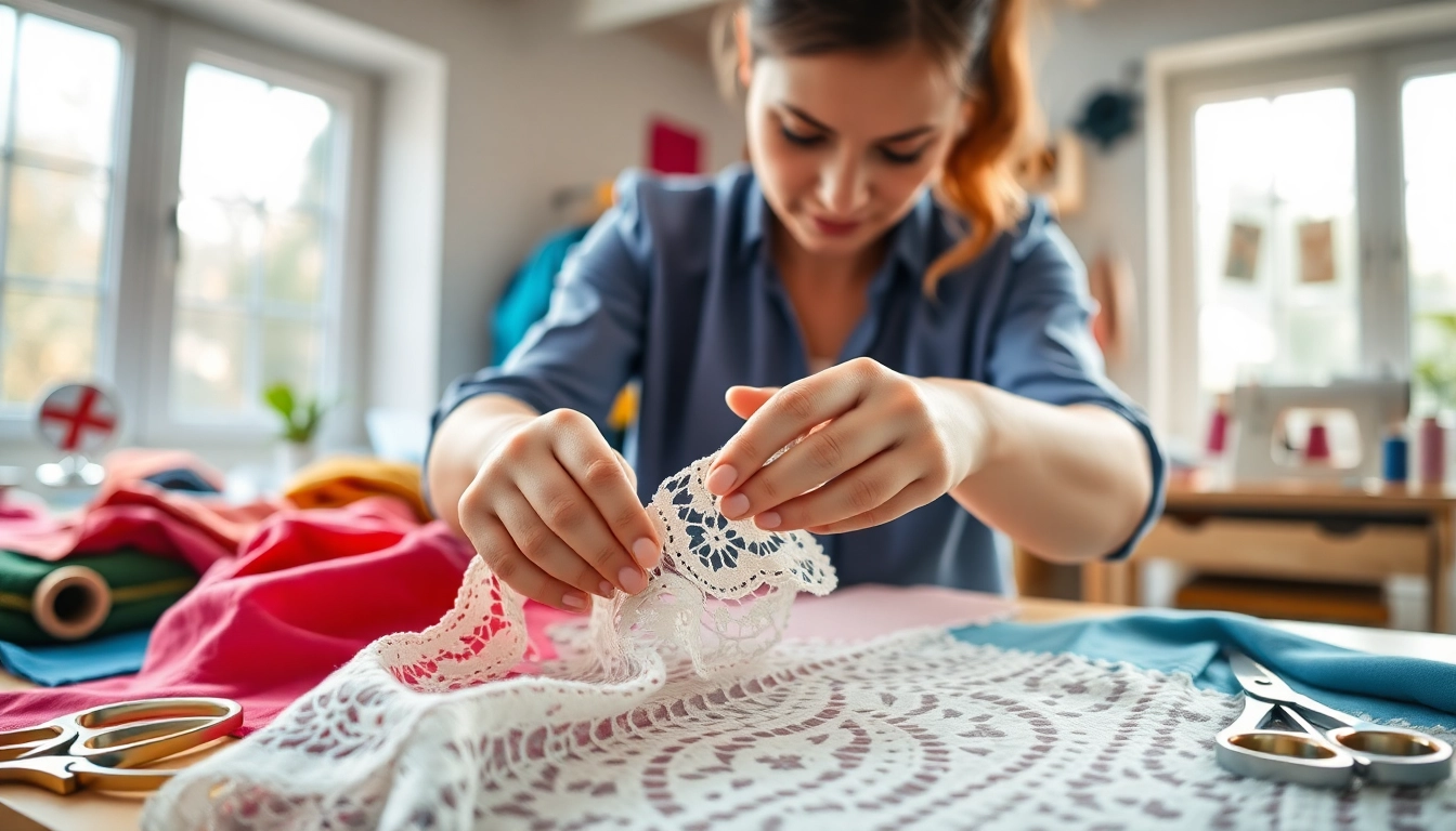 Kant stof voor kleding verwerkte door een naaister in een lichte, creatieve werkplaats.
