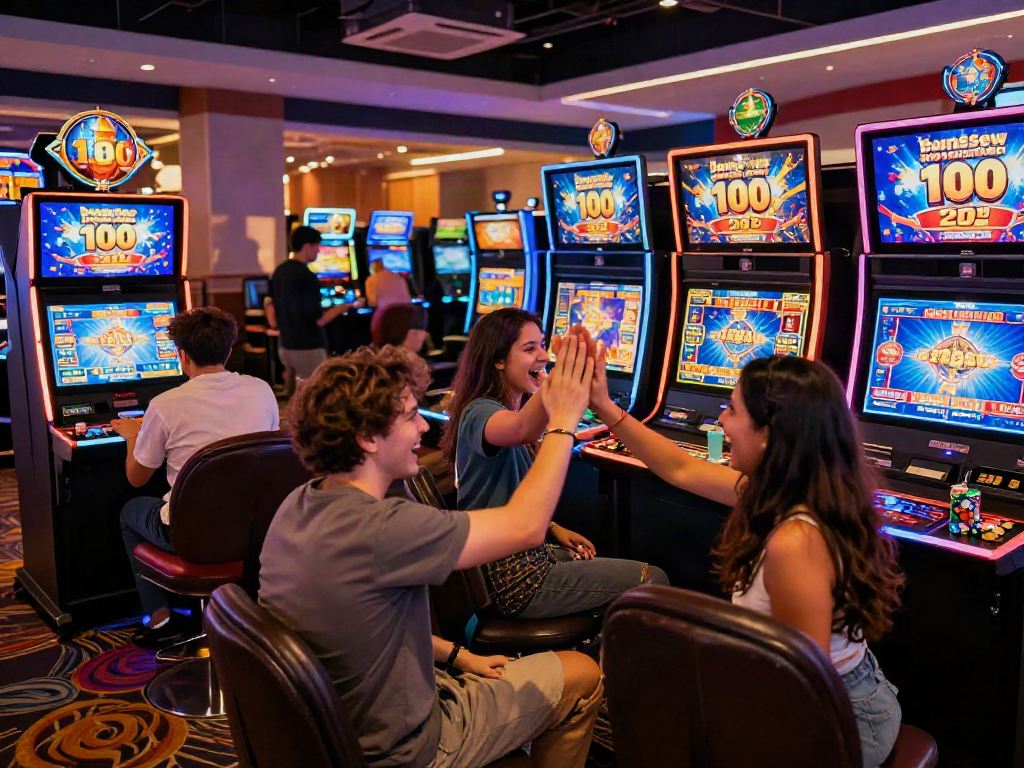 Group enjoying a lively gaming experience with 'bonus new member 100' promotions in a vibrant virtual casino.