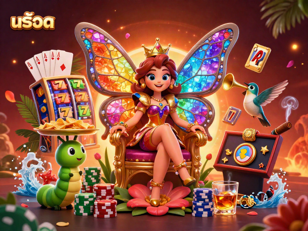 Experience thrilling สล็อต gameplay with a vibrant 3D casino scene full of colors and action.