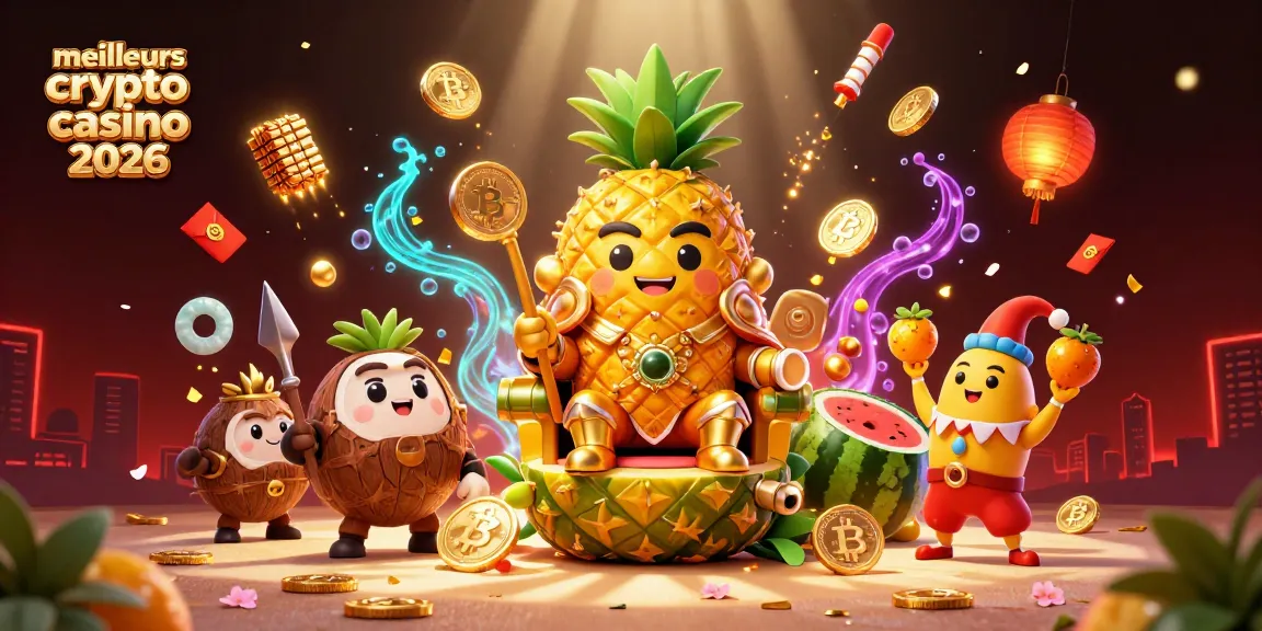 Illustration vibrante des meilleurs crypto casino 2026 avec un roi ananas et des éléments de jeu interactifs