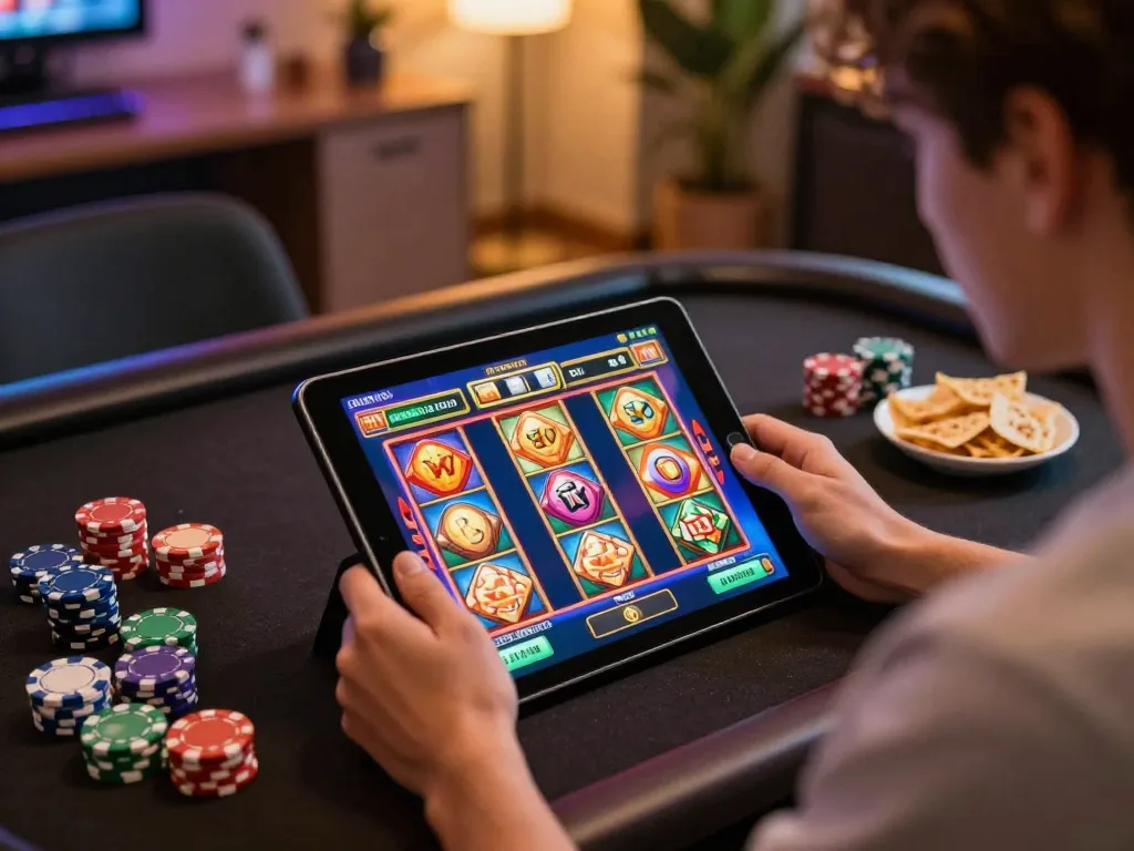 Player enjoying situs slot gacor game on tablet with vibrant graphics.