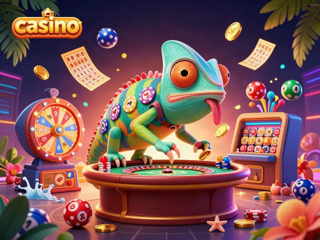Interactive casino scene showcasing colorful lottery elements and a vibrant chameleon mascot.