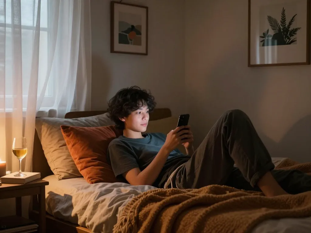 Engaging in an intimate NSFW chat in a cozy bedroom setting with soft lighting.