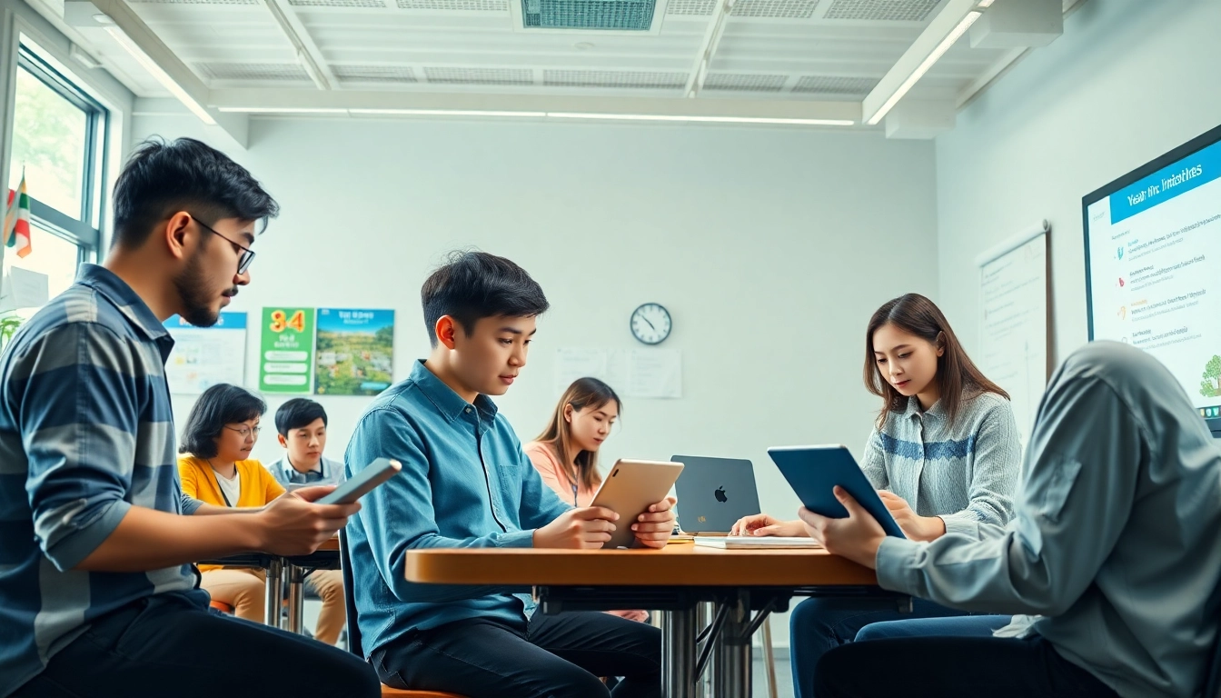 Youdao language learning platform showcased in a modern classroom with students using digital tools.