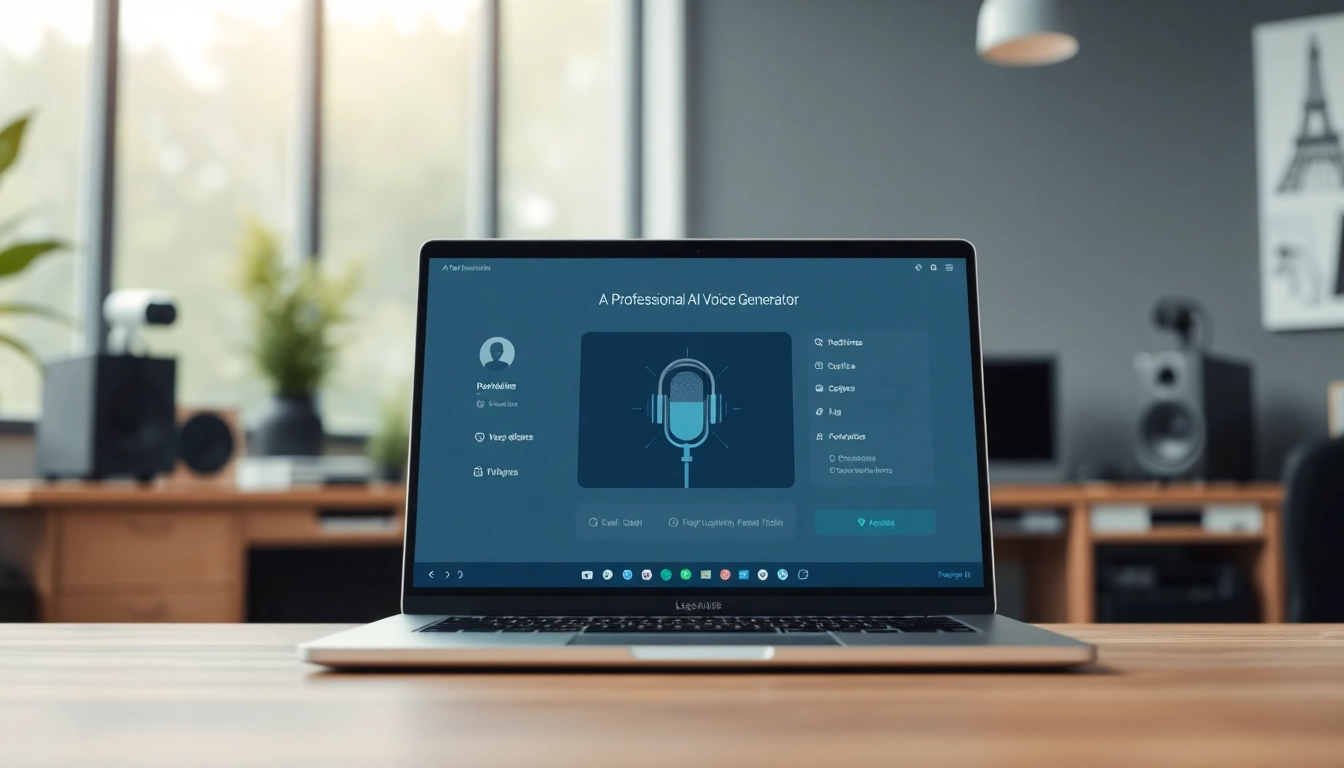 Generate AI Voice using an innovative interface on a sleek laptop.