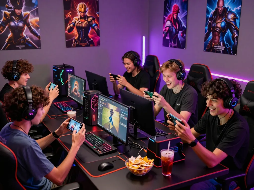 Engaged gamers enjoying multiplayer action with go88 in a neon-lit gaming room, showcasing competitive spirit and community.