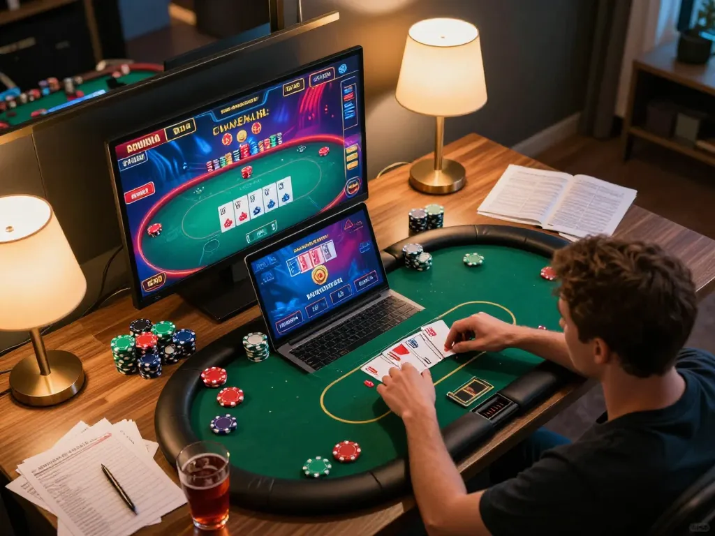 KK55 online gaming scene with player immersed in poker on laptop, showcasing strategic gameplay
