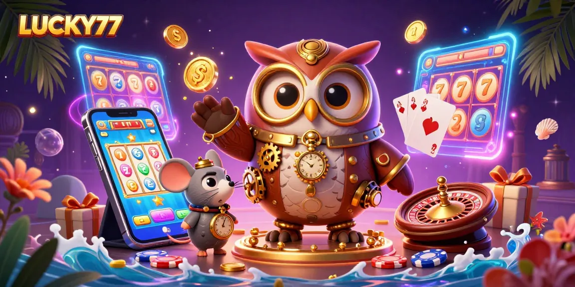 Experience the thrill of LUCKY77 with a vibrant steampunk owl and a futuristic casino scene.