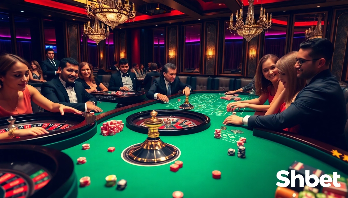 Shbet players enjoying high-stakes action at a vibrant casino table.