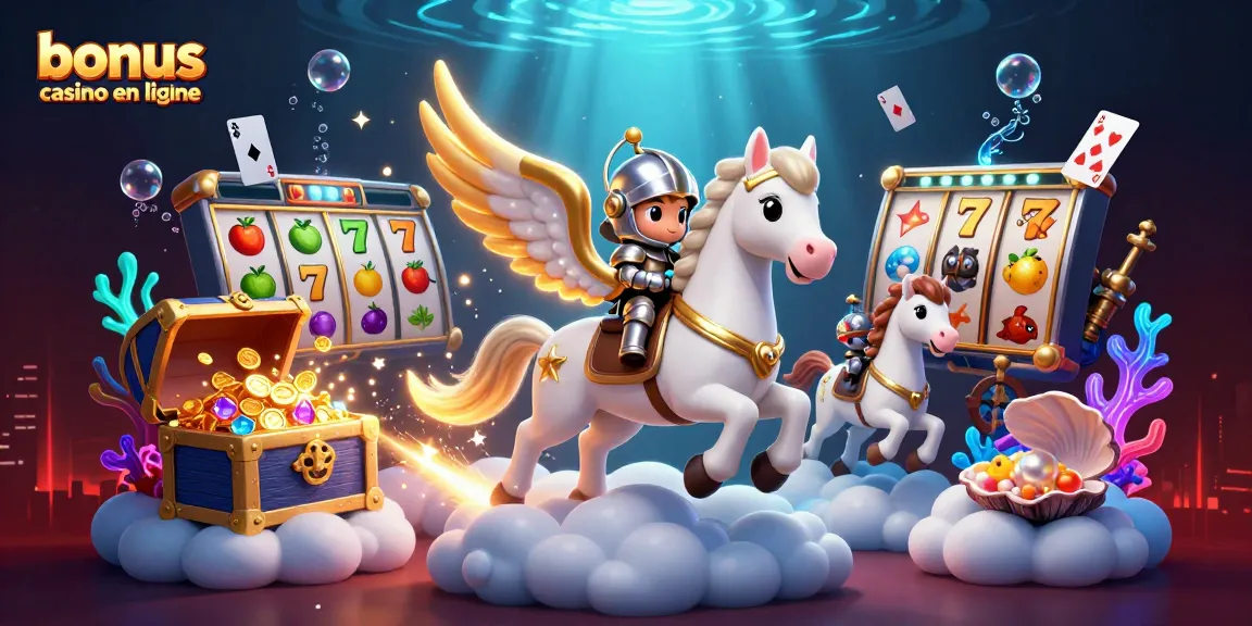 Bonus casino en ligne : visuel captivant de chevalier et cheval, machine à sous au milieu des trésors.