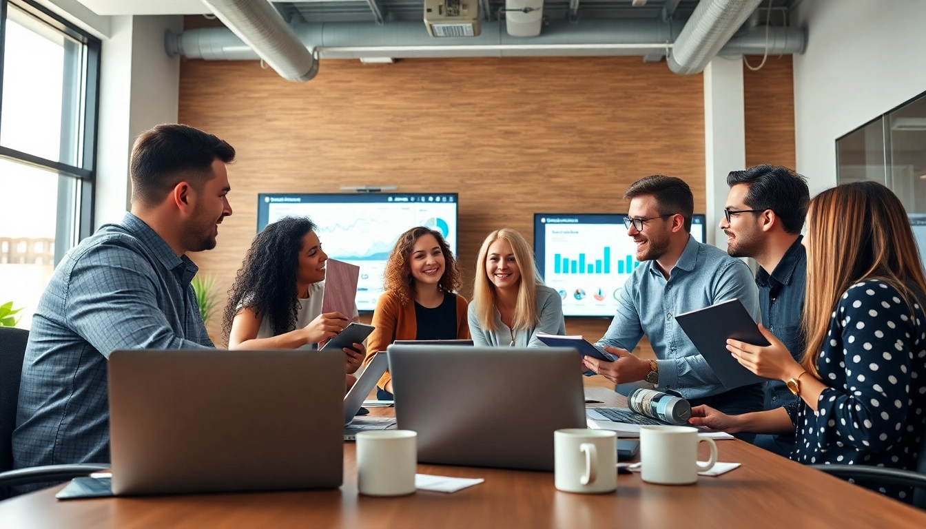 Edmonton social media marketing professionals brainstorming strategies in a vibrant office.