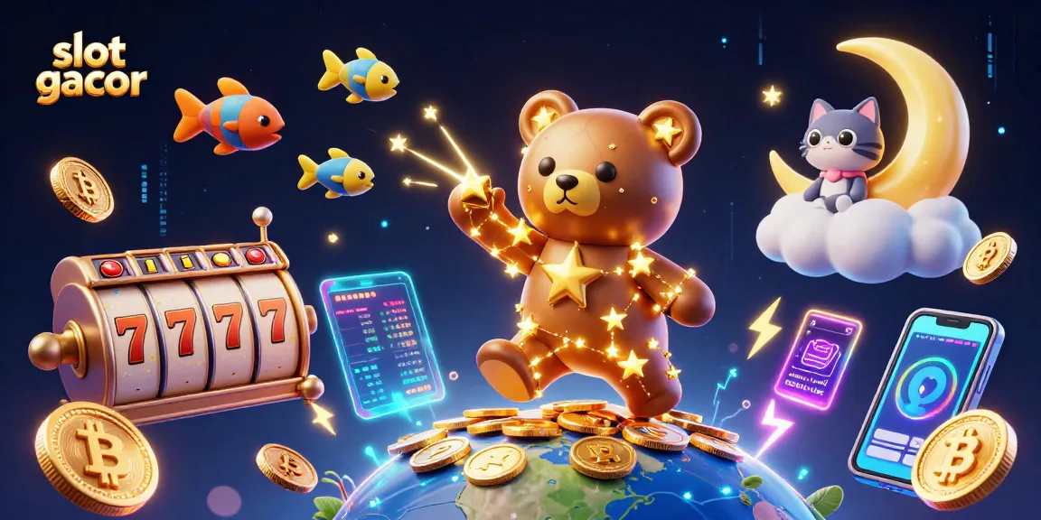 Win big with slot gacor as a constellation bear scoops up coins amidst vibrant slot reels.