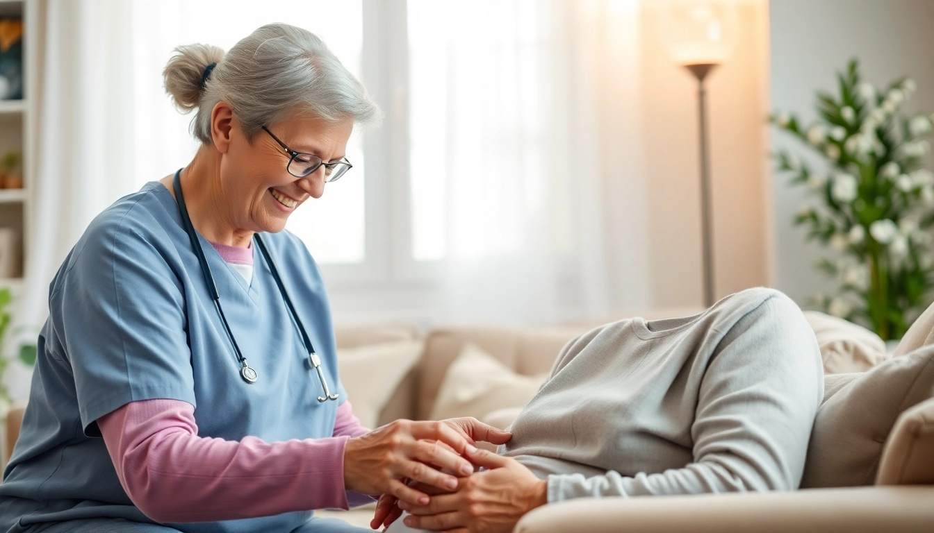 Caregiver providing elderly in home care near me with heartfelt support in a cozy living room.