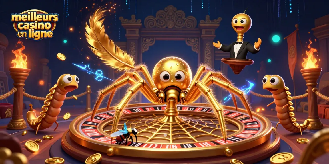 Pariez aux meilleurs casinos en ligne avec une illustration dynamique d'un insecte et d'une araignée.