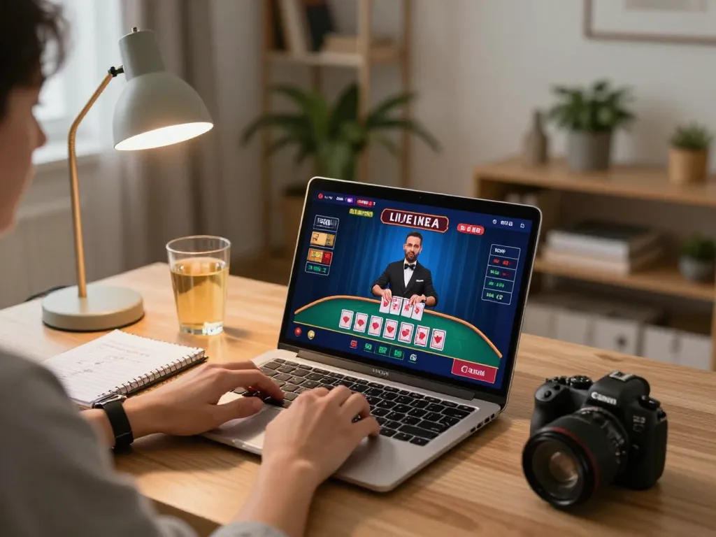 Engaged player enjoys 7m online blackjack gameplay from a cozy home setup, focusing on strategy notes.