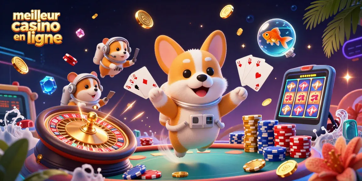 Illustration 3D d'un meilleur casino en ligne avec un corgi astronaute flottant, des jetons de poker et des pièces d'or.