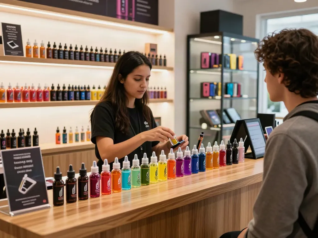 Vibrant display of twist eliquid 120ml bottles in a modern vape shop setting, inviting customers to explore unique flavors.