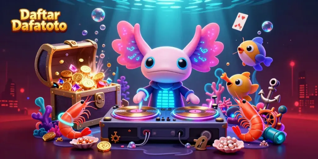Daftar Dafatoto, gambar ilustrasi 3D dari DJ axolotl dengan elemen permainan kasino yang menarik.