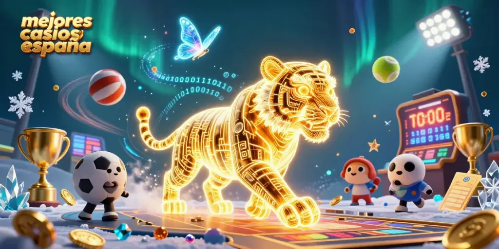 Juega en los mejores casinos España con un tigre dorado en un casino futurista lleno de acción.