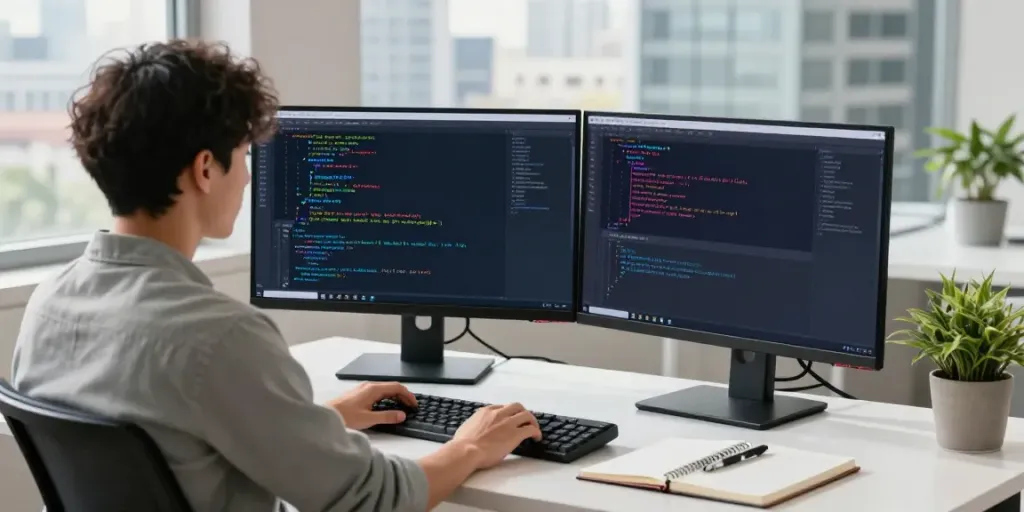 Developer coding in Notepad++ at a modern workspace with vibrant syntax highlighting.