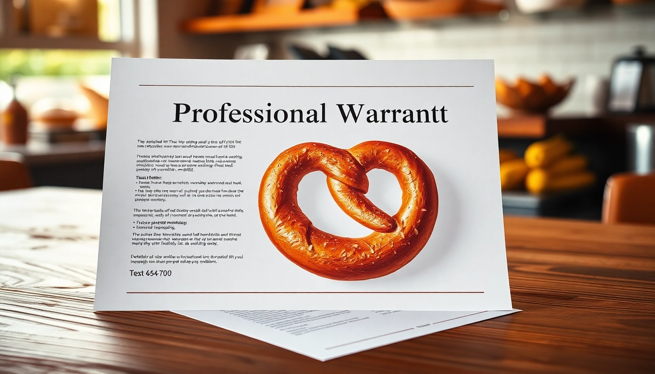 Pretzel warranty reviews and trust showcased with a detailed warranty document and an elegant pretzel in a bakery setting.
