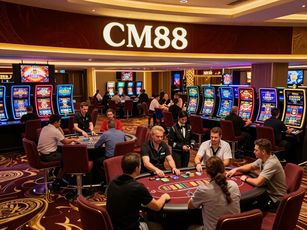 CM88 casino floor bustling with players at game tables, vibrant atmosphere of excitement.
