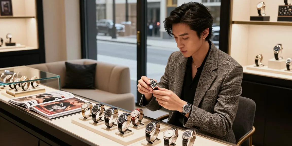 Chic individual admiring 시계 레플리카 in a stylish boutique, showcasing luxury and sophistication.