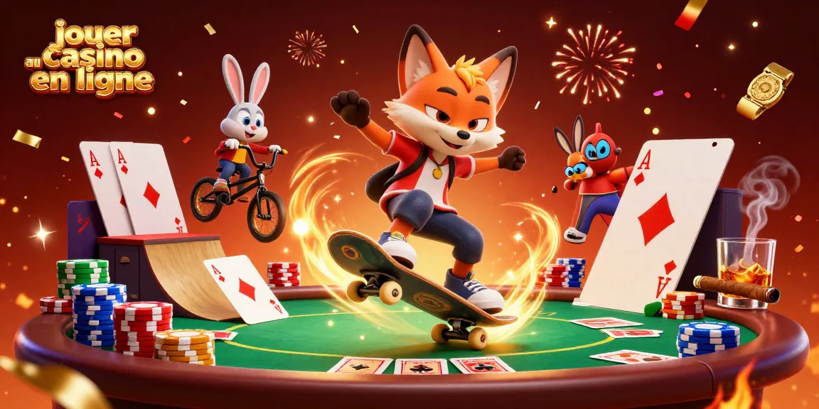 Jouer au casino en ligne avec une illustration dynamique des animaux de casino et des éléments colorés.
