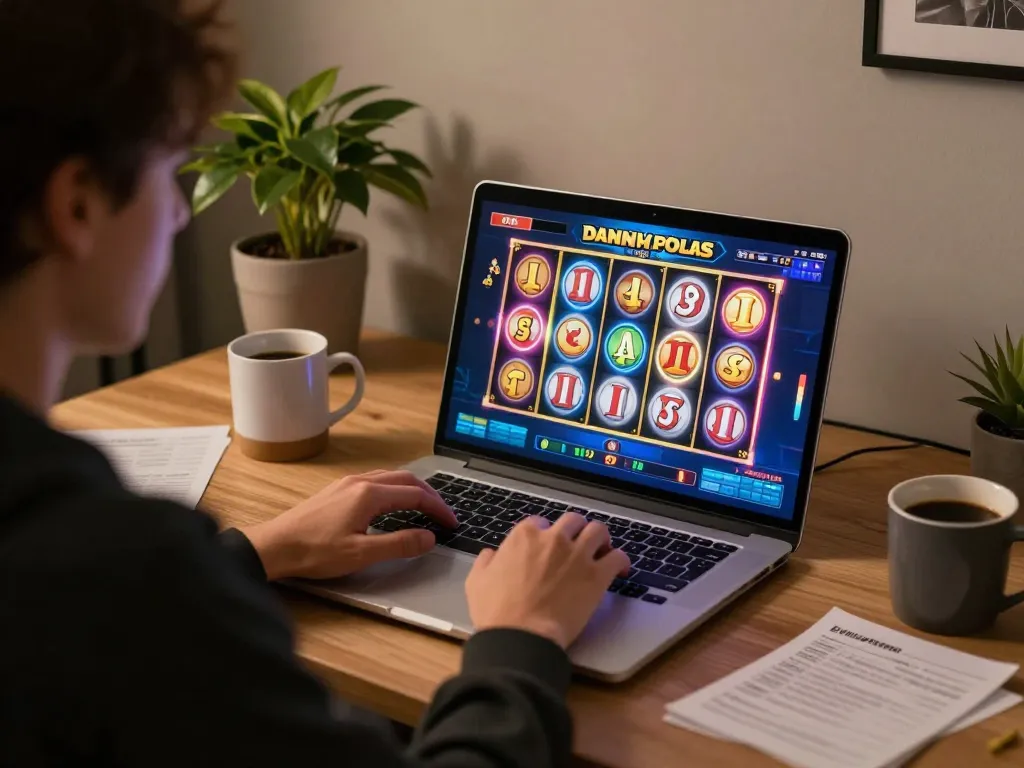Engaging in slot gacor pagi ini with a vibrant online slots experience, featuring a player’s intense focus.