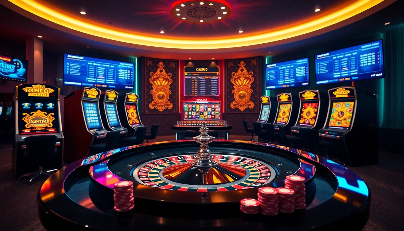 Scène de jeu excitante présentant casino en ligne france fiable avec des éléments de roulette, de machines à sous et de poker.