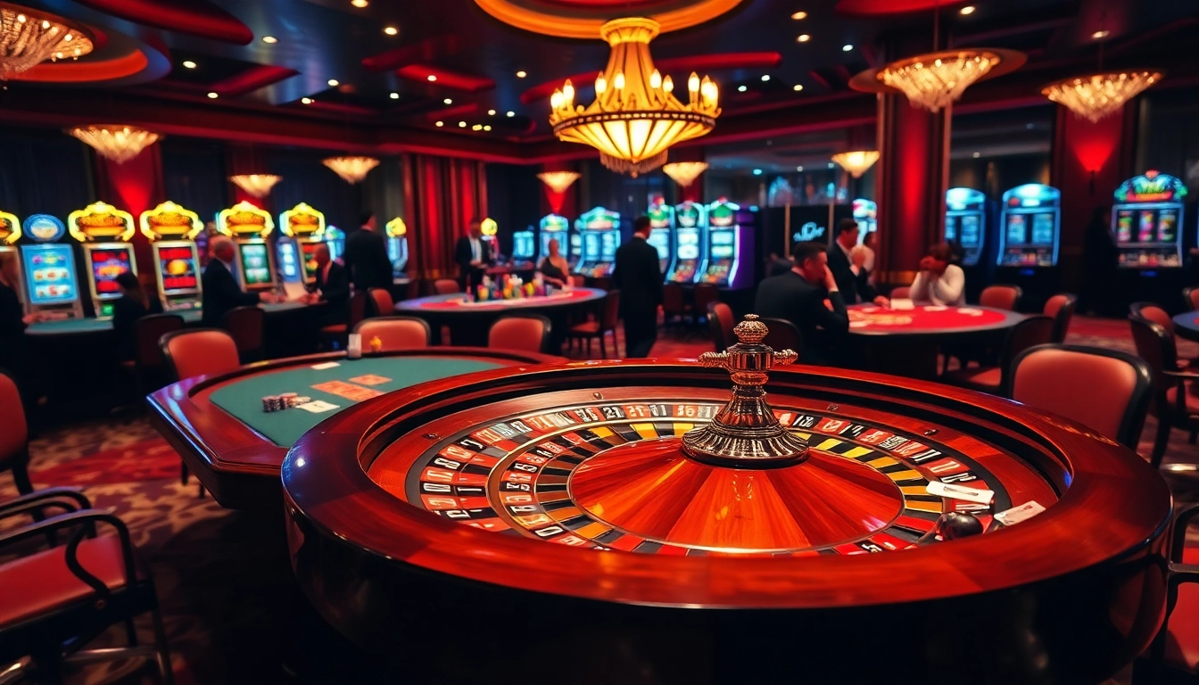 Action de casino palpitante mettant en avant une roulette et des tables de poker, soulignant casino en ligne france fiable.