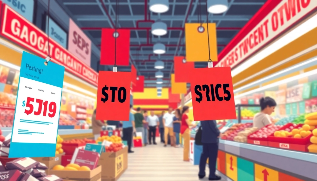 Analyze competitor pricing strategies with a dynamic market scene illustrating competition.