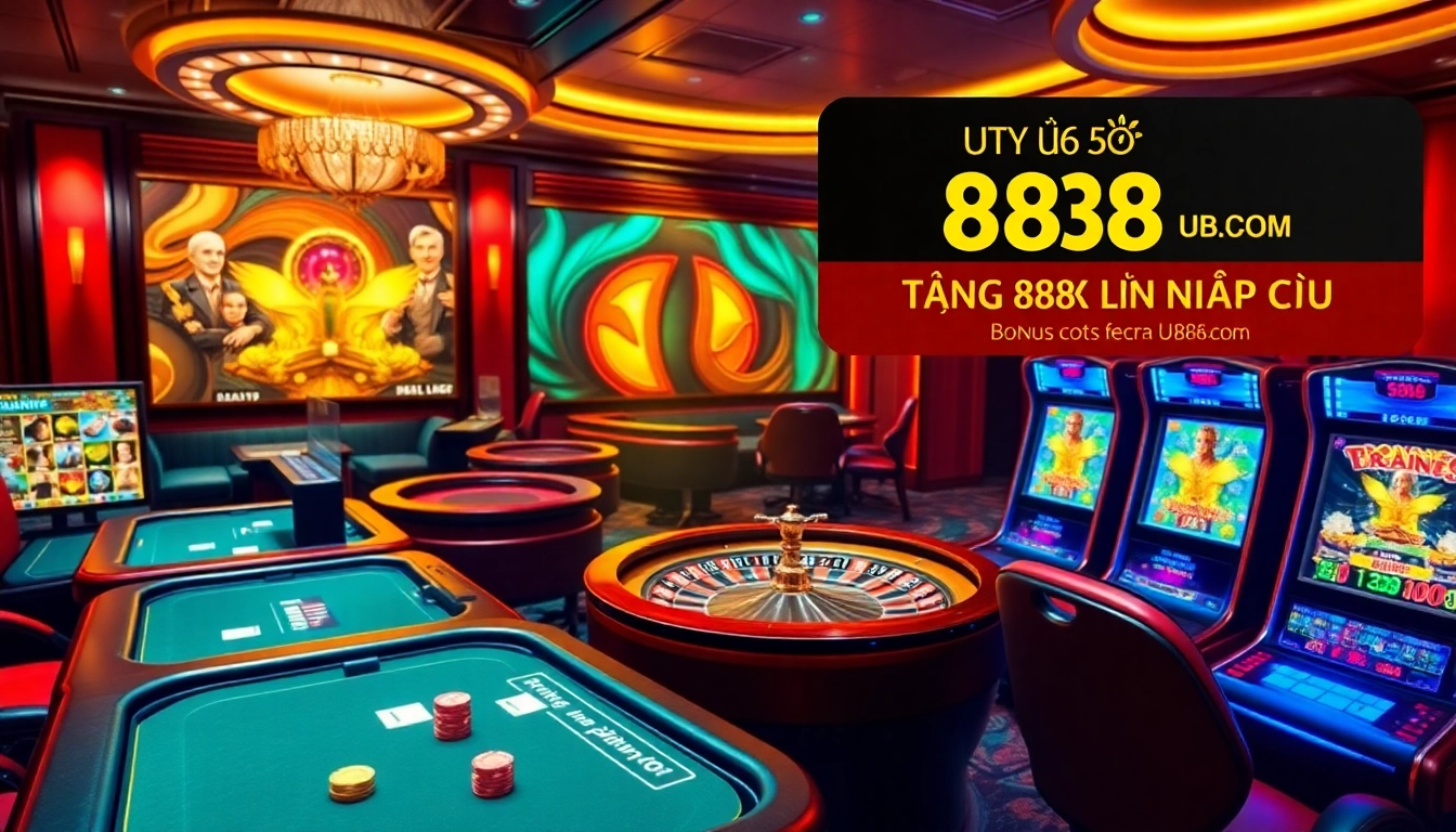 Experience the excitement at UU88.com with a vibrant casino atmosphere featuring poker tables and roulette wheels.