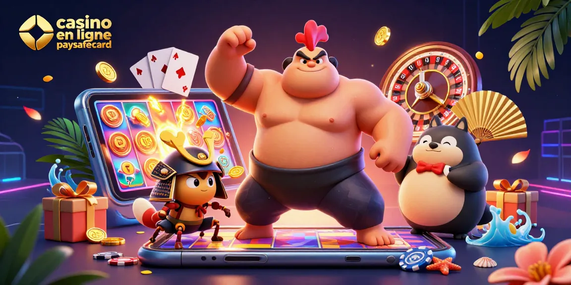 Gagnez avec casino en ligne paysafecard en jouant sur un smartphone, entouré de jetons et de pièces d'or.