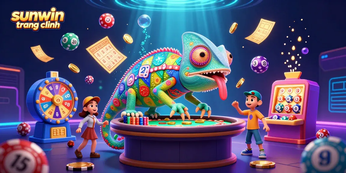 Experience excitement at sunwin trang chính with sparkling casino elements and a colorful chameleon.