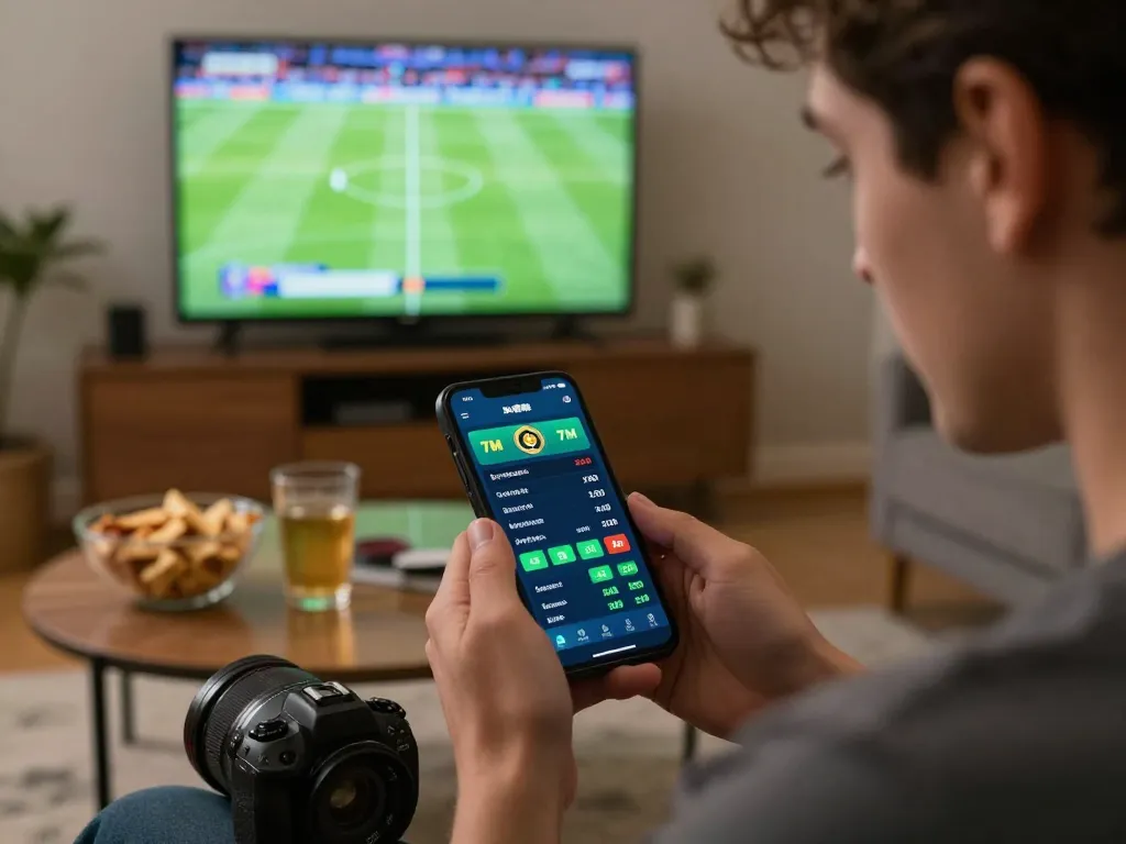 Engaging with the 7M sports betting app on smartphone during live match.