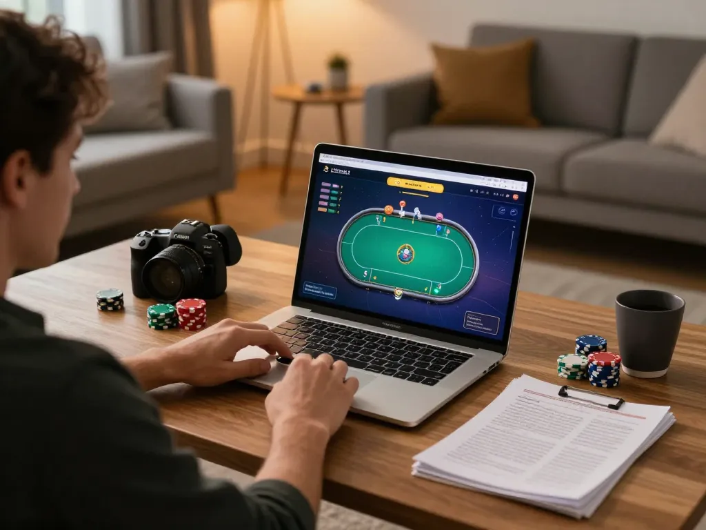 Playing online poker on lc88 com laptop with chips and notes in a cozy home setting
