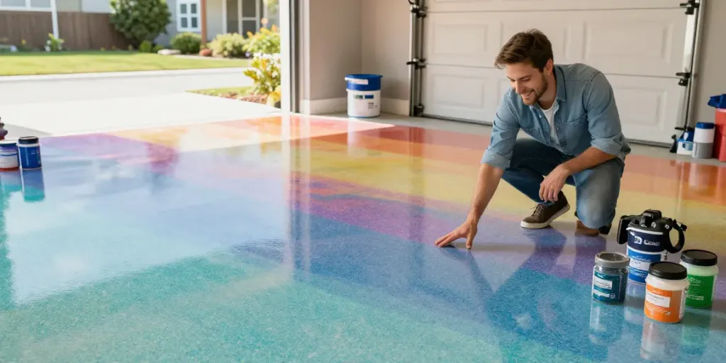 ElevateEpoxyFlooring.com vibrant epoxy floor installation in a modern garage with color flakes.