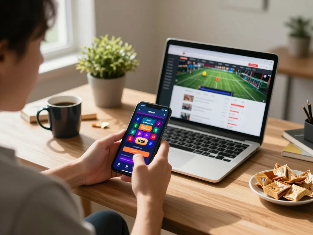 Engaging in strategic online gaming on tt88 com app with mobile device at home.