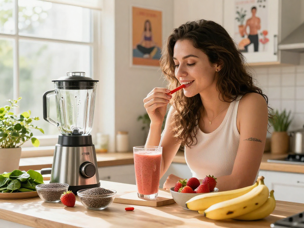 A vibrant kitchen scene showcasing a vegan astaxanthin supplement smoothie preparation, promoting health and wellness.