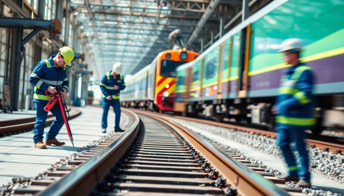 Inspecting railway maintenance tracks by a professional crew under bright natural light.