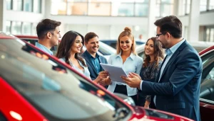 Buy a car from a diverse dealership team assisting happy customers with their choices.